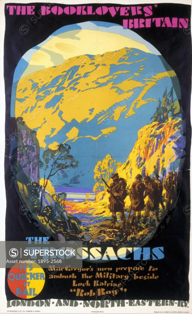 Poster produced for the London & North Eastern Railway to promote rail travel to The Trossachs in the Scottish Highlands. The poster promotes the area...