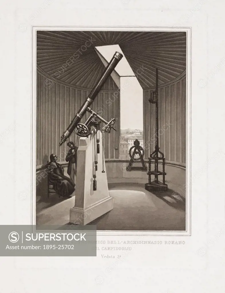 Osservatorio Astronomico dell’ Archiginnasio Romano sul Campidoglio, veduta 2a (view 2a)´. Engraving showing a telescope in the interior of the obser...