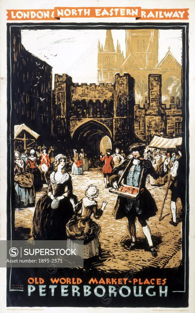 Poster produced for the London & North Eastern Railway (LNER), featuring an 18th century market scene, where a trader is showing a young woman and her...