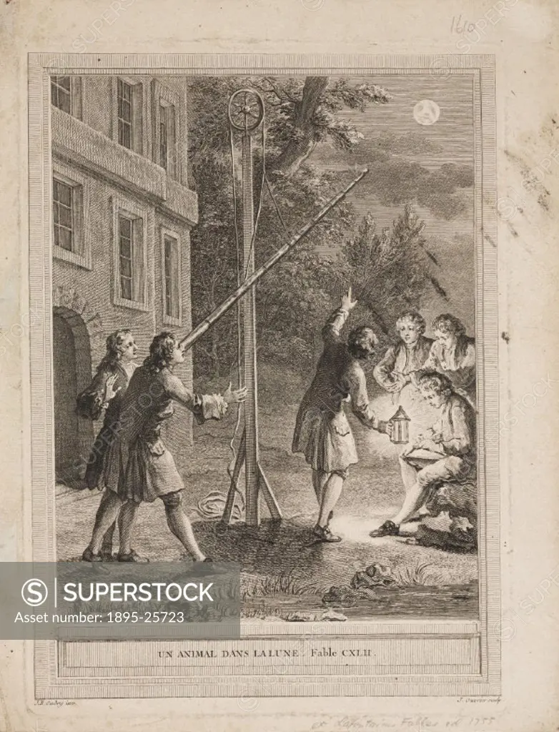 Un Animal dans la Lune’. Print showing a man observing the Moon with a long telescope suspended from a wooden pillar by a cord. Titled ´Un animal dan...