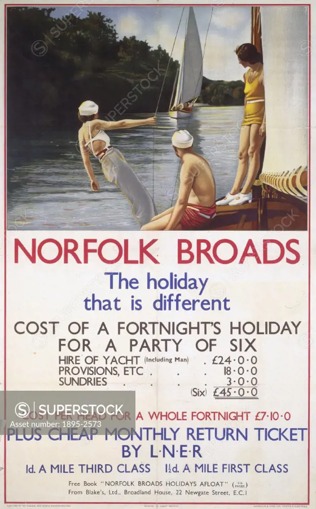 Poster produced for the London & North Eastern Railway (LNER) to promote yachting holidays on the Norfolk Broads. The poster shows two women and a man...