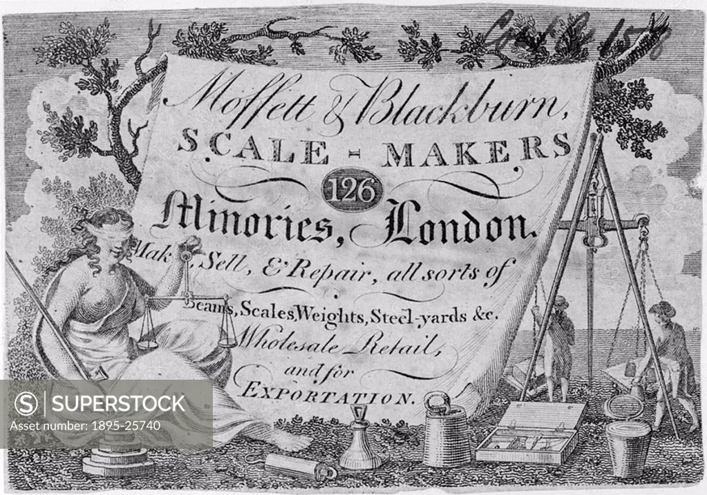 The firm of Moffet and Blackburn at 126 Minories, London, made scales, weights, steelyards and beams for wholesale, retail and exportation  The illust...