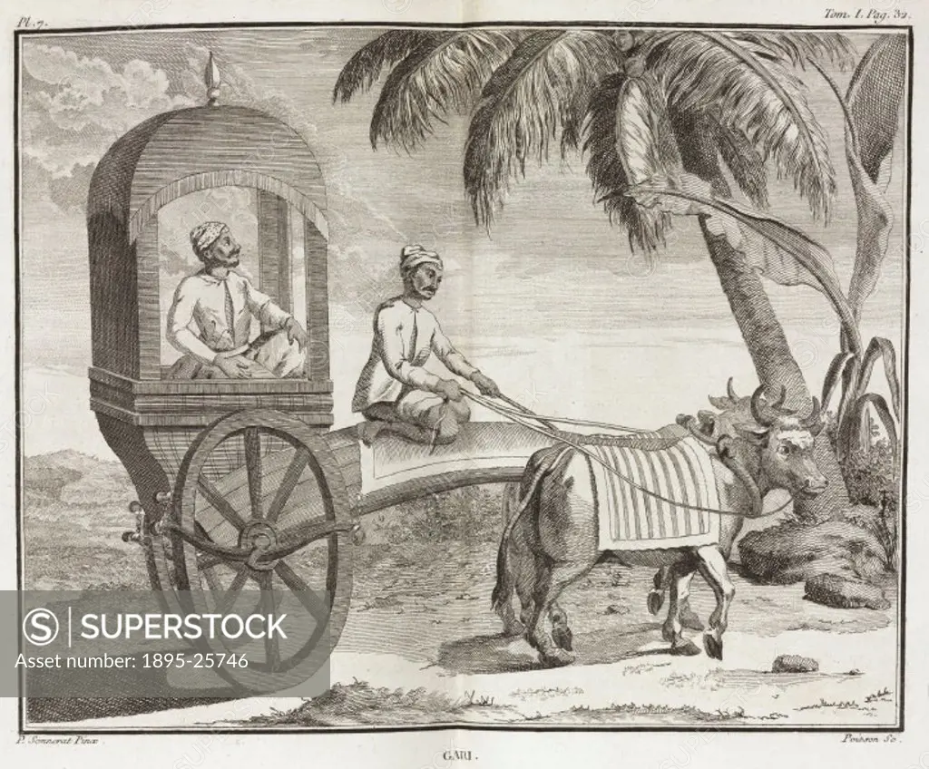 Engraving by Poisson after a painting by Pierre Sonnerat (1748-1814), of a gari’ pulled by oxen. Illustration from Sonnerat’s Voyage aux Indes Orien...