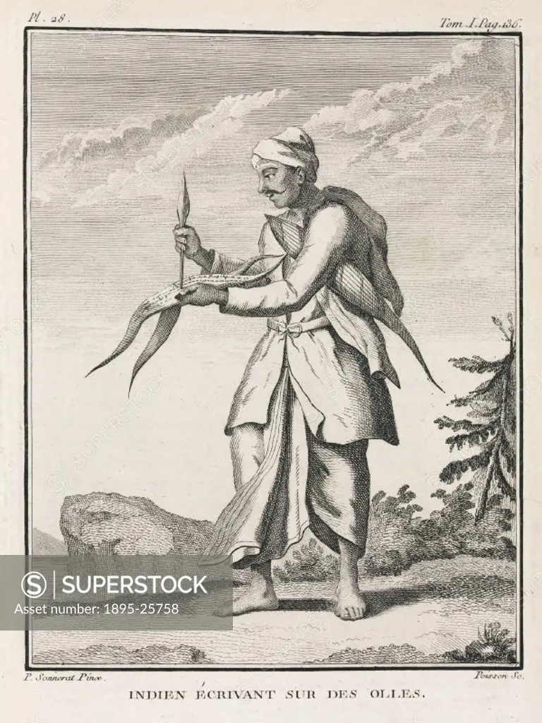 Man writing on leaves, India, 1774-1781.Engraving by Poisson after a painting by Pierre Sonnerat (1748-1814). Illustration from Sonnerats ‘Voyage aux...