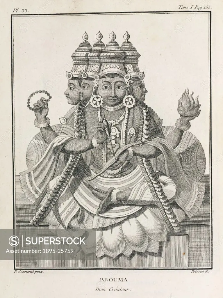 Engraving by Poisson after a painting by Pierre Sonnerat (1748-1814), showing Brahma, one of the three principle gods or aspects of deity, the others ...