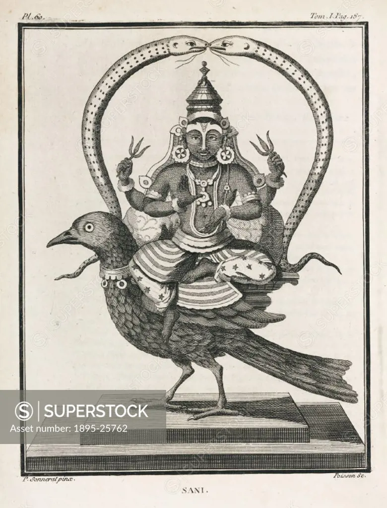 Engraving by Poisson after a painting by Pierre Sonnerat (1748-1814), showing Sani, the deity representing the planet Saturn. In Hindu astrology he is...