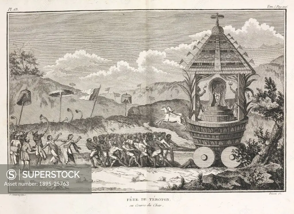 Engraving by Poisson after a painting by Pierre Sonnerat (1748-1814). This may be a representation of a ceremony of the cult of Juggernaut (Jagannath)...