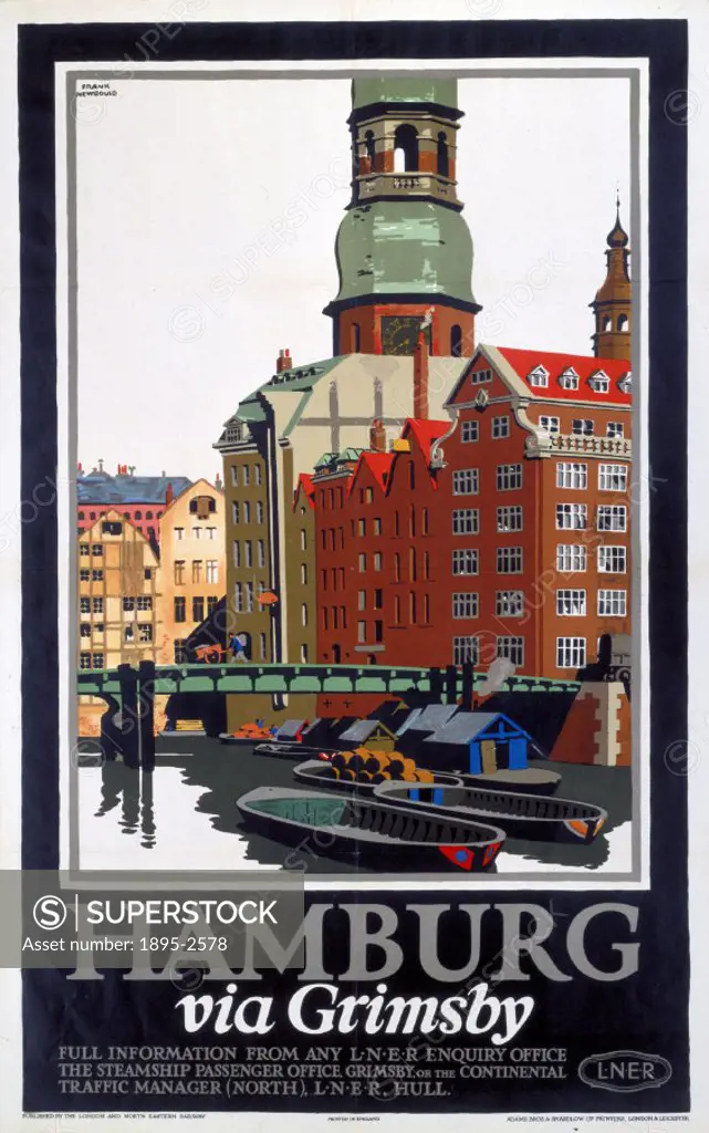 Poster produced by London & North Eastern Railway (LNER) to promote rail and sea travel to Hamburg, Germany via Grimsby, Lincolnshire. Artwork by Fran...