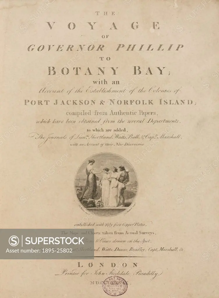Title page with engraved vignette by T Medland, probably representing allegorical figures. In 1787 Arthur Phillip (1738-1814) commanded the First Fle...