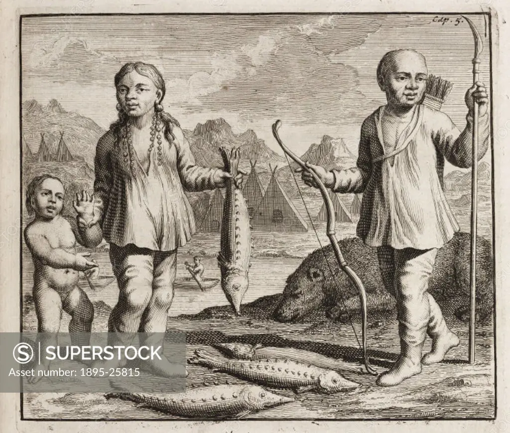 Engraving showing a family of indigenous people, possibly from Siberia. The woman is holding a sturgeon, and the man has a bow and arrows and a spear....
