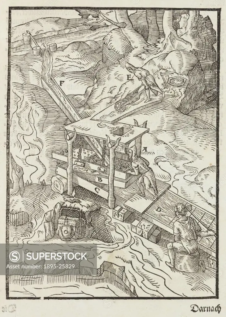 Woodcut showing men washing gold. Illustration from ´Beschreibung aller furnemisten mineralischen Ertzt vnnd Bergtwercks arten´ (´Description of the P...