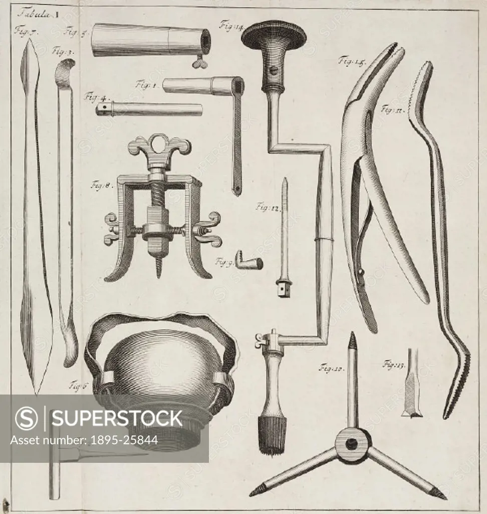 Surgical instruments, some of which were probably designed by Dutch surgeon Cornelis Solingen (1641-1687). Illustration from Chirurgia curiosa, or, T...