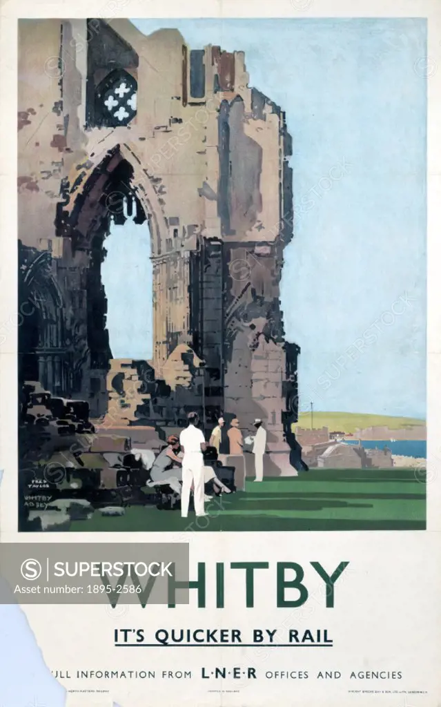 Poster of the ruined monastery above the North Yorkshire coastal resort of Whitby, produced for the London and North Eastern Railway (LNER). The artis...