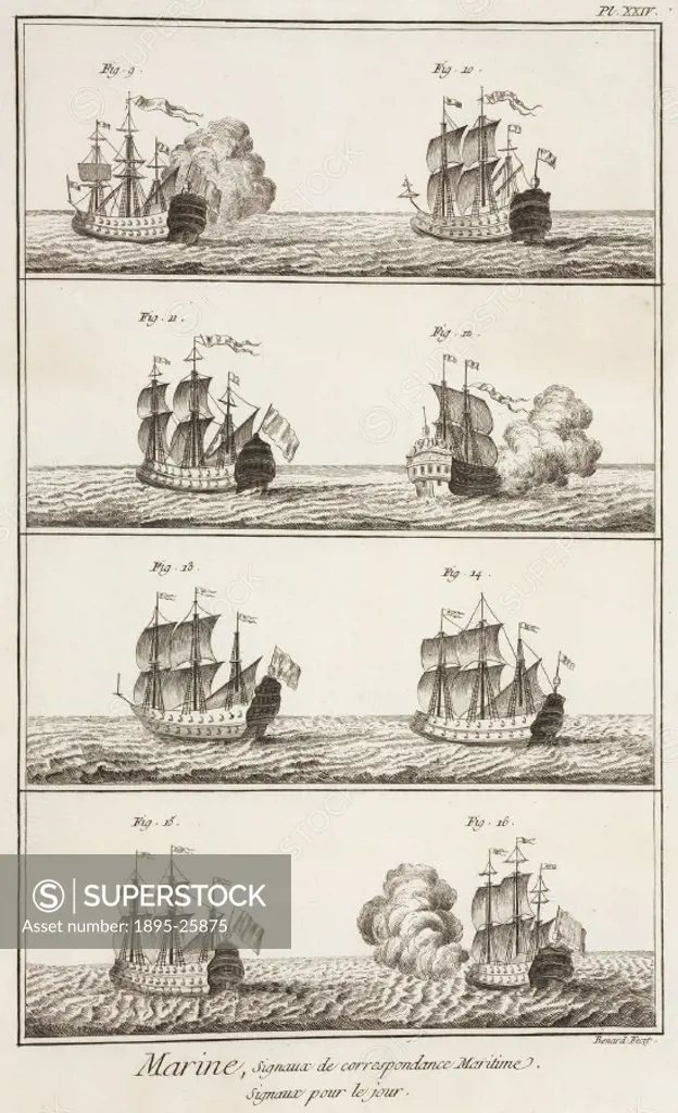 Engraving by Benard showing methods used by ships to signal to each other during daylight. From ´Marine´, a work on ships and shipbuilding, by Denis D...