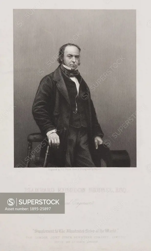 Engraving by D J Pound from a photograph by Mayall of Isambard Kingdom Brunel (1806-1859), an English inventor and civil engineer. On leaving school i...