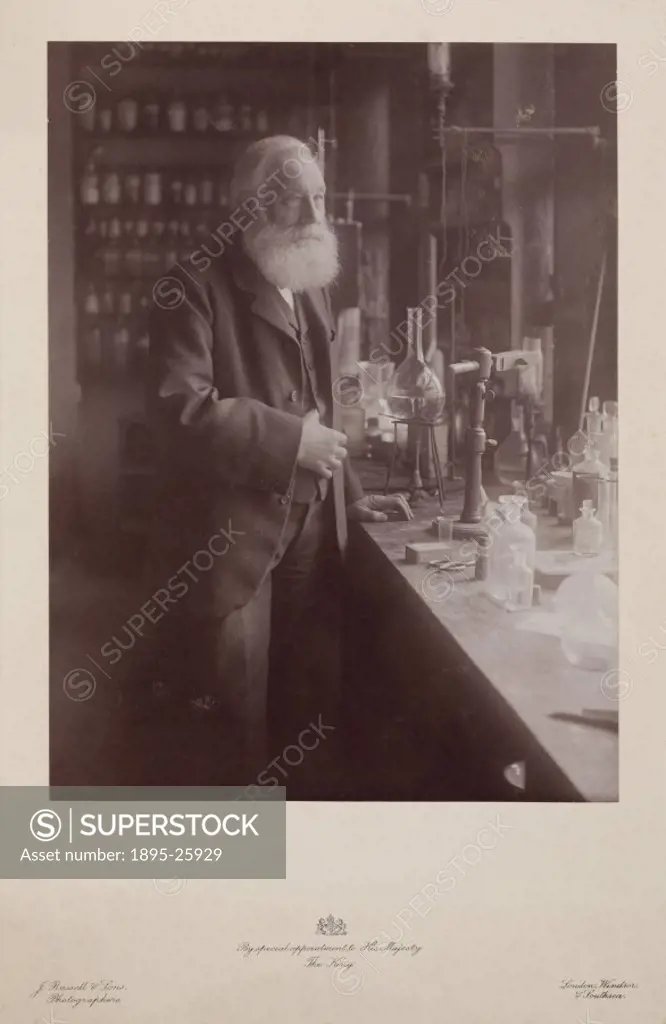 Photograph of William Henry Perkin in the laboratory at Sudbury, Derbyshire. From a collection of 19 photographs relating to Sir William Henry Perkin ...