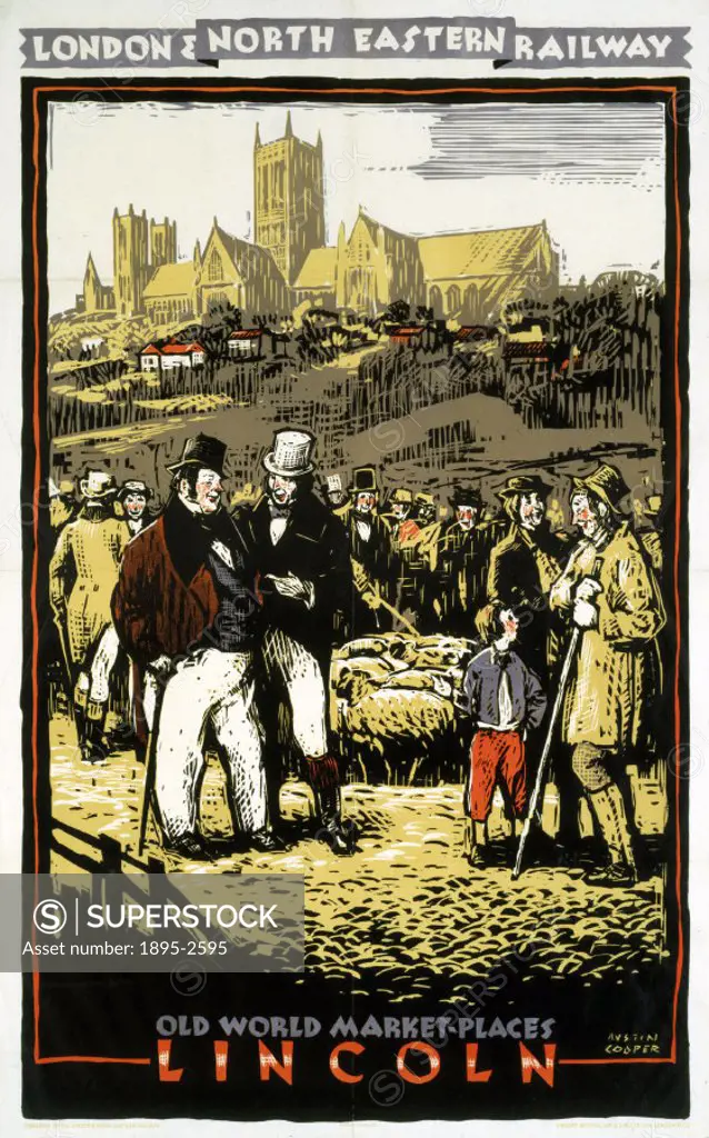 Poster produced for London & North Eastern Railway (LNER) to promote rail travel to Lincoln. The poster shows an 18th century market scene, with Linco...