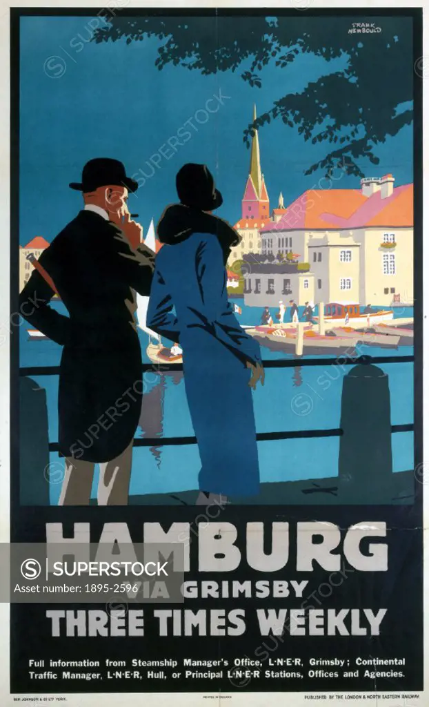 Poster produced for the London & North Eastern Railway (LNER) to promote rail and sea travel to the German port city of Hamburg, showing a fashionably...