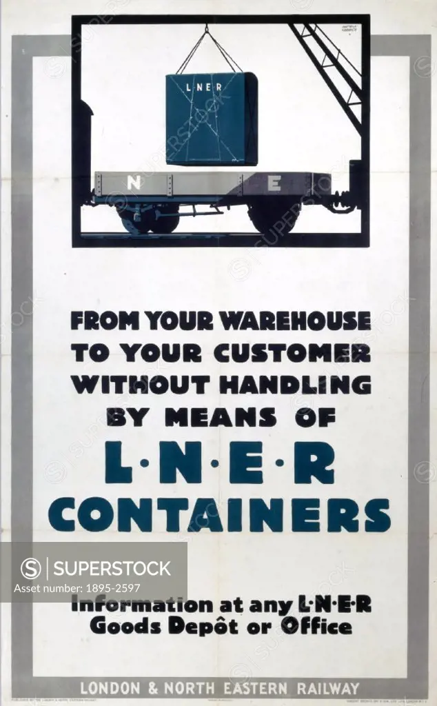 London and North Eastern Railway poster announcing the transport of goods from warehouses to customers by LNER containers. Artwork by Austin Cooper (1...