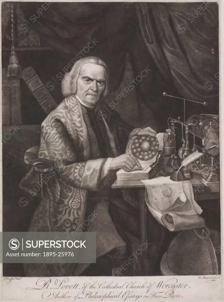 Engraving by R Hancock after a painting by I Wright of Richard Lovett (1692-1780). Lovett wrote a philosophical essay in three parts, including a brie...