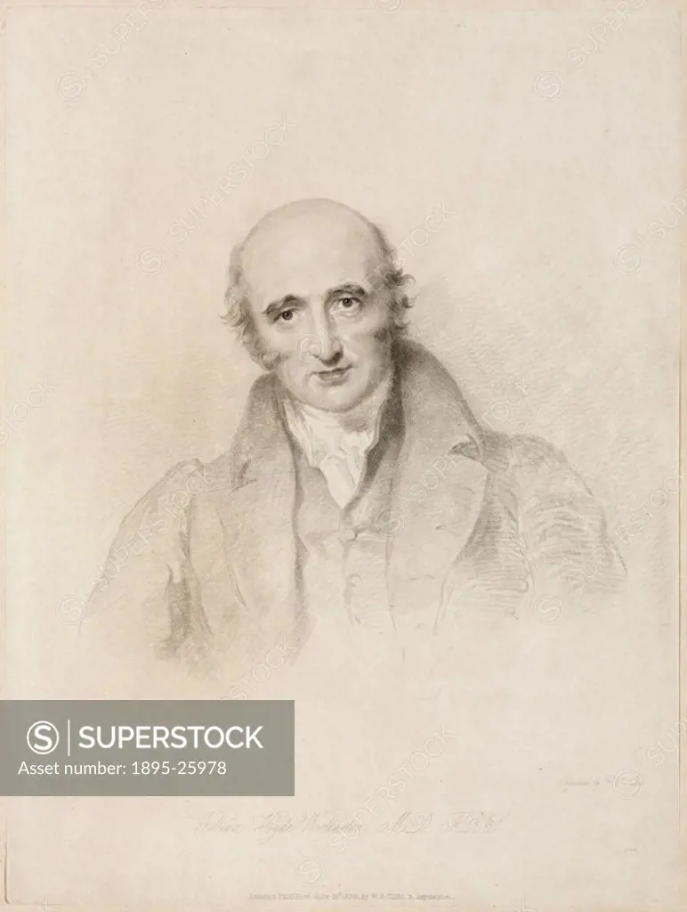 Engraving by F C Lewis after a drawing by Sir Thomas Lawrence of William Hyde Wollaston (1766-1828). Wollaston was the pioneer of the fabrication of p...