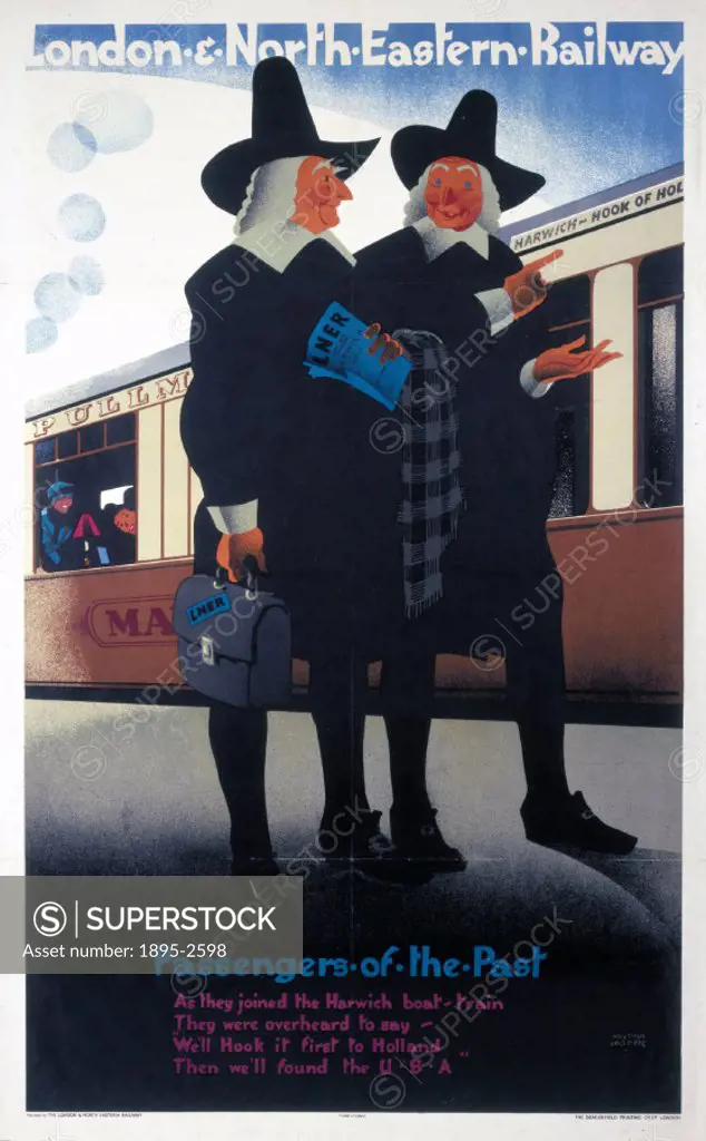Poster produced for the London & North Eastern Railway (LNER), showing two men in 17th century costume, pointing to a pullman carriage bearing the nam...