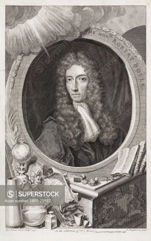 Engraving made in 1739 by George Vertue after a painting by Kersseboom, of Robert Boyle (1627-1691), who was the seventh son of the first Earl of Cork...