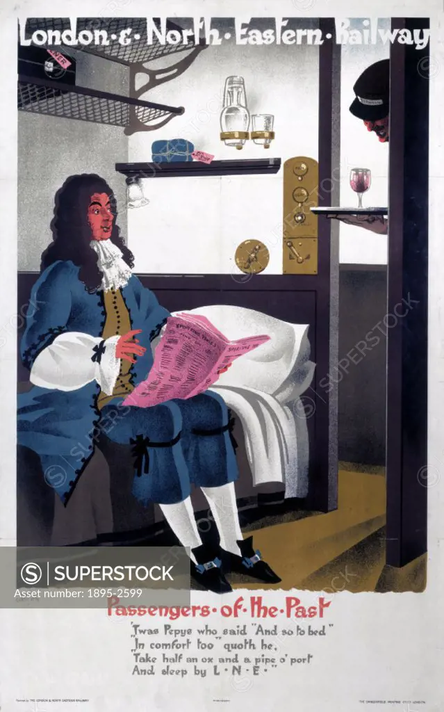 Poster produced for the London & North Eastern Railway (LNER), showing the 17th century diarist and naval administrator, Samuel Pepys (1633-1703), rea...