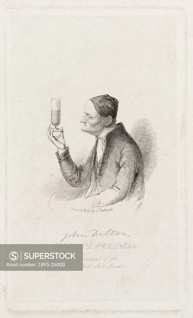 Etching by J Stephenson of John Dalton (1766-1844). John Dalton formulated the atomic theory to explain chemical reactions, based on the concept that ...