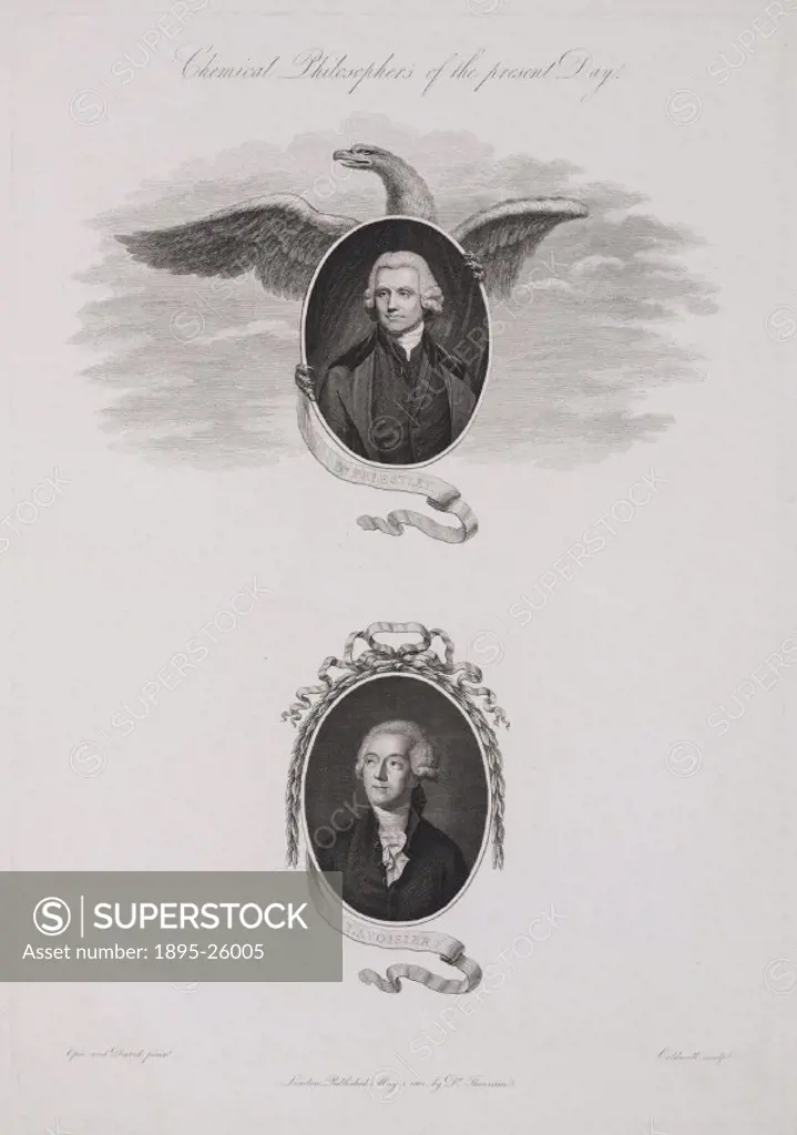Engraving made in 1801 by Caldwell after a painting by Opie and David showing portraits of English-American theologian and chemist Priestley (1733-180...