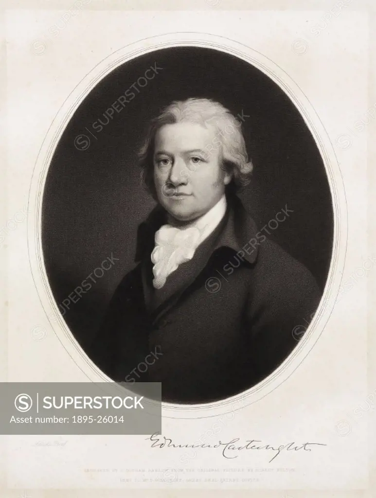 Engraving by T Oldham Barlow after a painting by Robert Fulton. Edmund Cartwright (1743-1823) visited Richard Arkwrights (1732-1792) cotton mills in ...