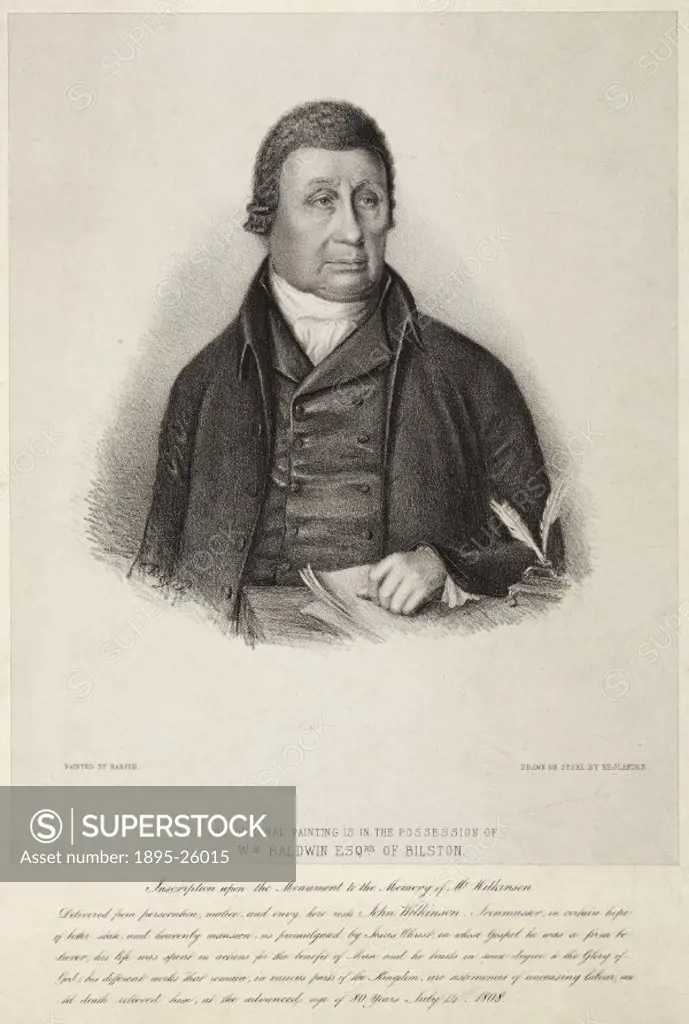 Lithograph after a painting by Harper taken from a drawing on stone by Rejlander of John Wilkinson (1728-1808). Wilkinson invented the cannon-boring m...