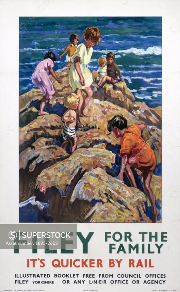 Poster produced for the London & North Eastern Railway (LNER), promoting rail travel to the North Yorkshire seaside resort of Filey, showing children ...