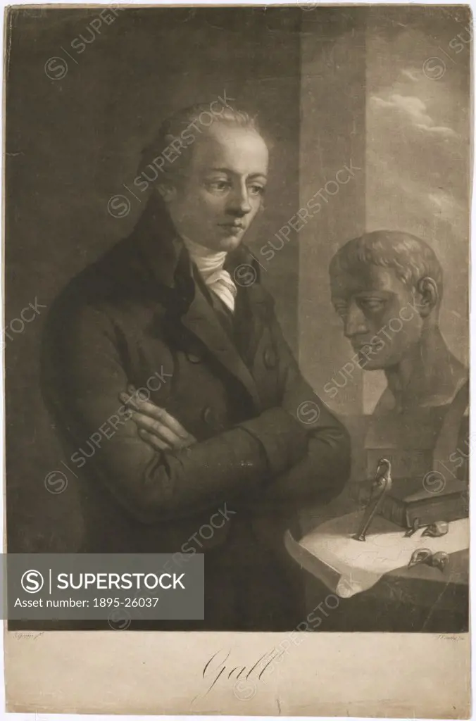 Mezzotint by F Lenthe after J Grassi showing a portrait of Franz Joseph Gall (1758-1828) with his arms folded, looking in contemplation towards a grou...
