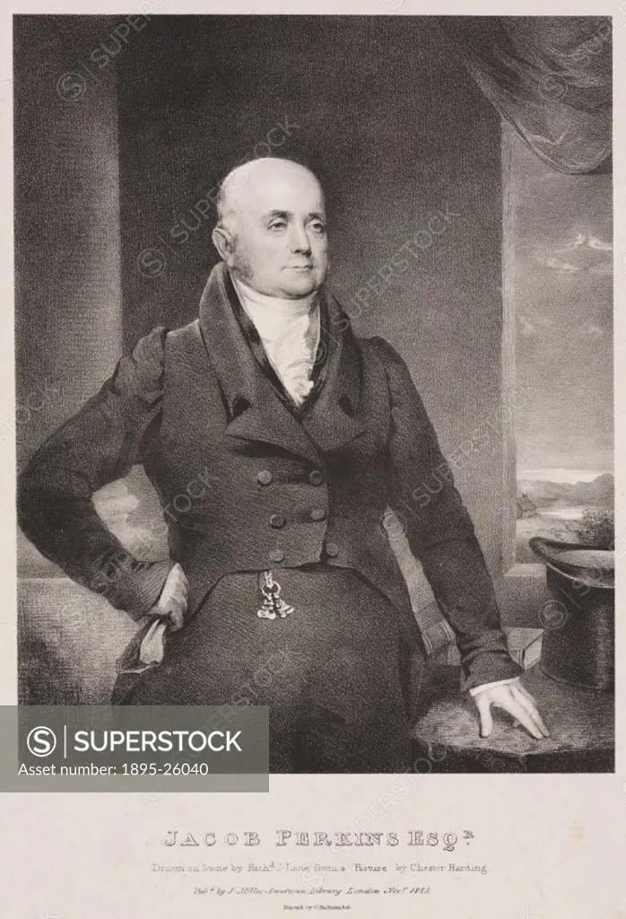 Lithograph by Richard Lane after a painting by Chester Harding. Jacob Perkins (1766-1849) was born in Newburyport, Massachusetts, United States, where...