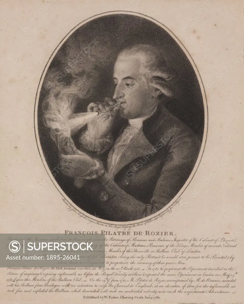Engraving by Joseph Collyer after a painting by John Russell showing a portrait of Jean-Francois Pilatre de Rozier  (1754-1785) performing an experime...