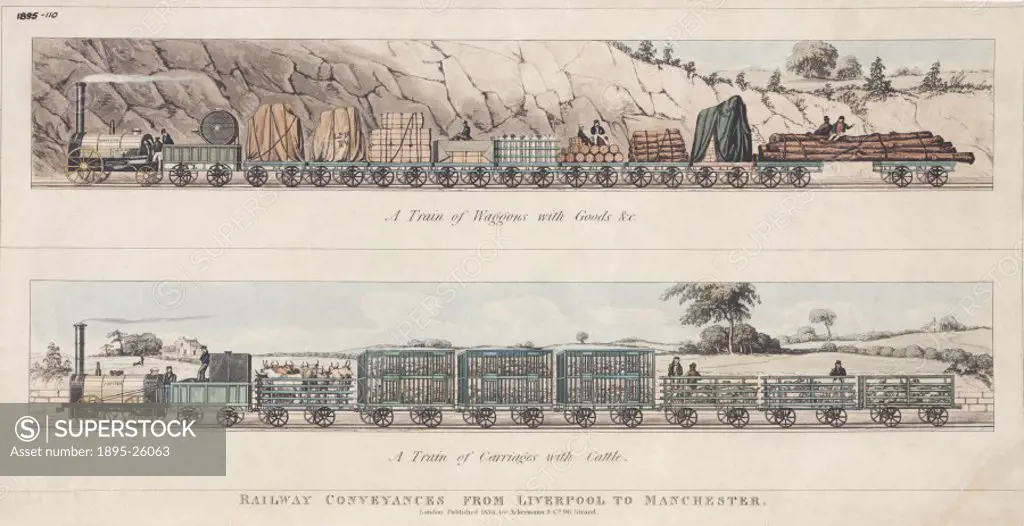 Print showing top, a train of waggons with goods etc’, and below, a train of carriages with cattle’. Published by R Ackermann.