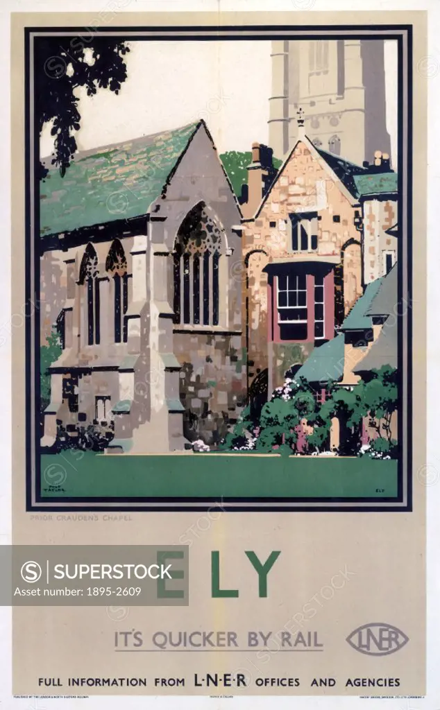 Poster produced by London & North Eastern Railway (LNER) to promote rail travel to Ely in Cambridgeshire. Artwork by Fred Taylor (1875-1963), who was ...