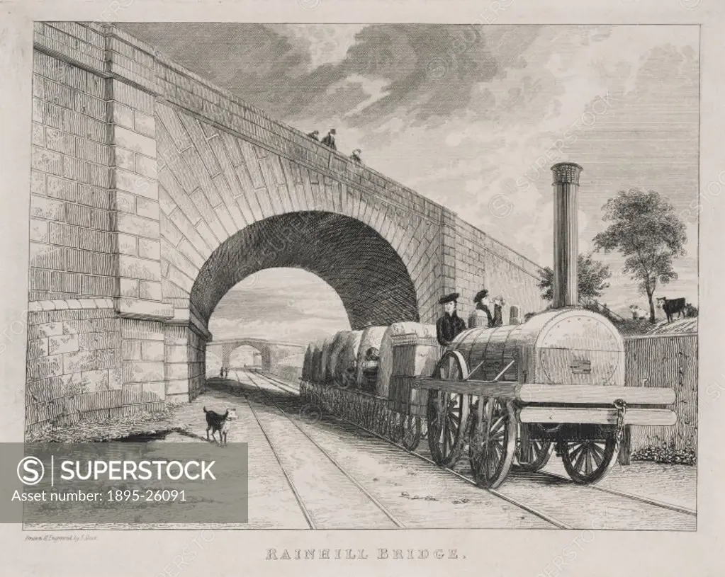 Engraving by I Shaw showing a locomotive going under Rainhill Bridge on the Liverpool & Manchester Railway. The skew bridge at Rainhill, 10 miles east...