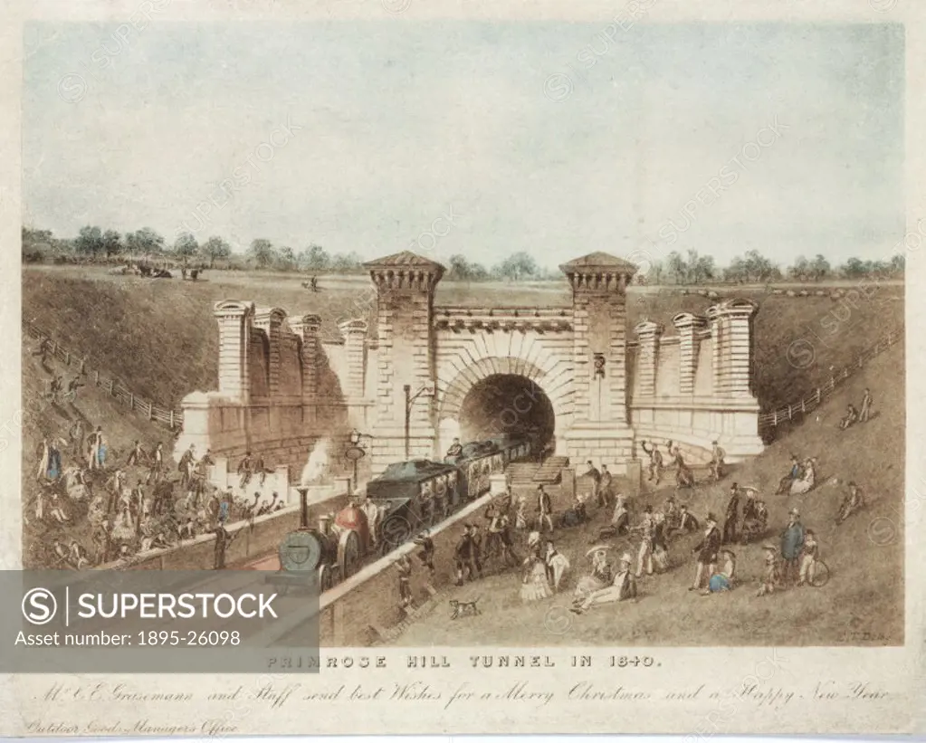 Coloured print showing crowds watching a steam engine pass through the Primrose Hill Tunnel. The bottom of the image features the incription Mr C E G...