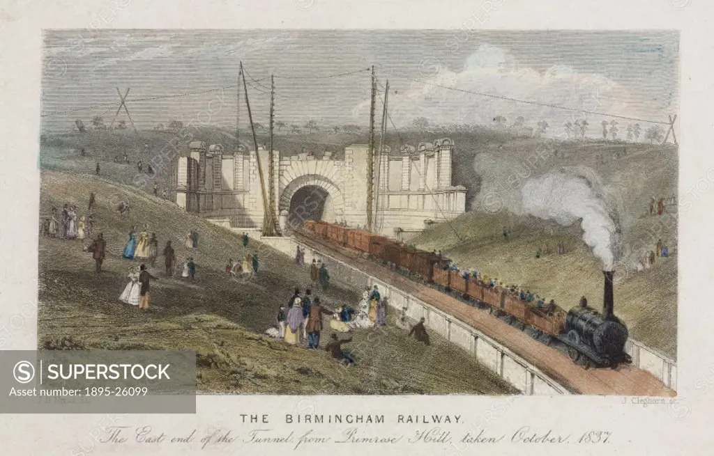 Coloured engraving by J H Nixon, after J Cleghorn, showing the east end of the tunnel from Primrose Hill on the London & Birmingham Railway line.