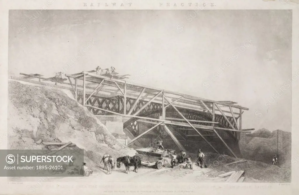 Lithograph showing a bridge on the London & Birmingham Railway under construction.
