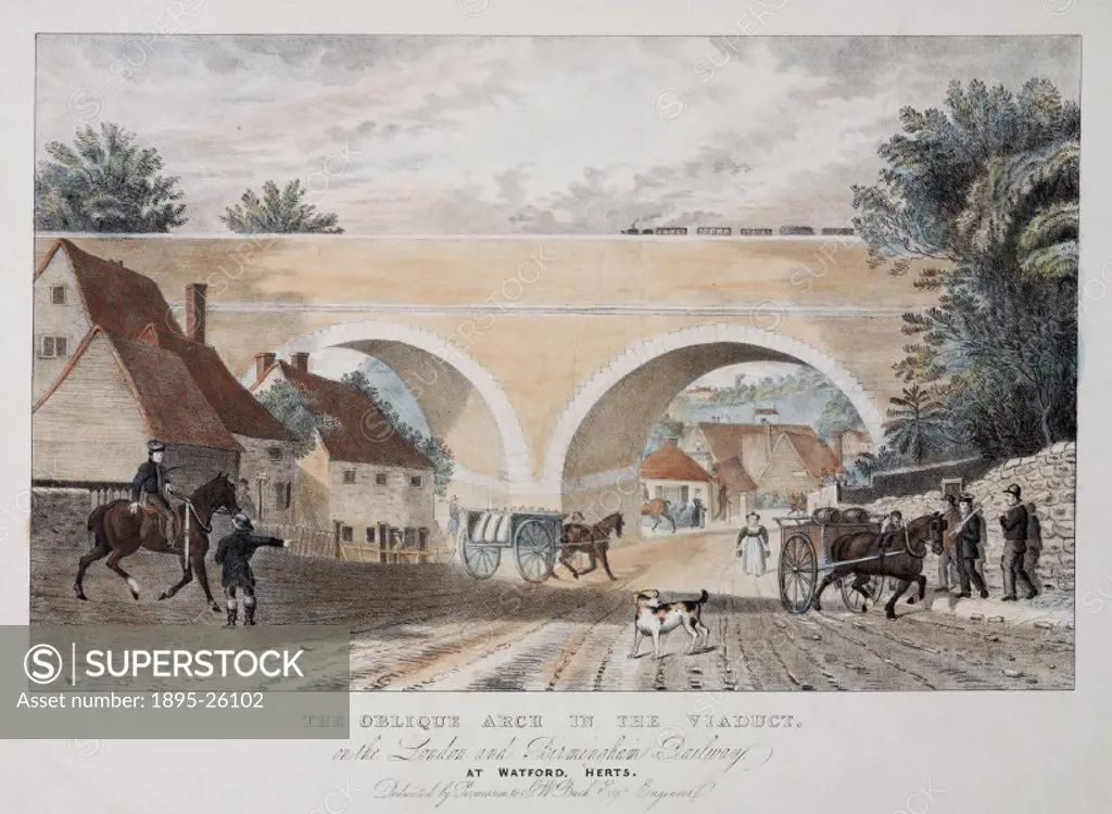 ´The Oblique Arch in the viaduct on the London & Birmingham Railway at Watford, Herts. Dedicated by permission to G W Buck, Esq Engineer´. Drawn and l...