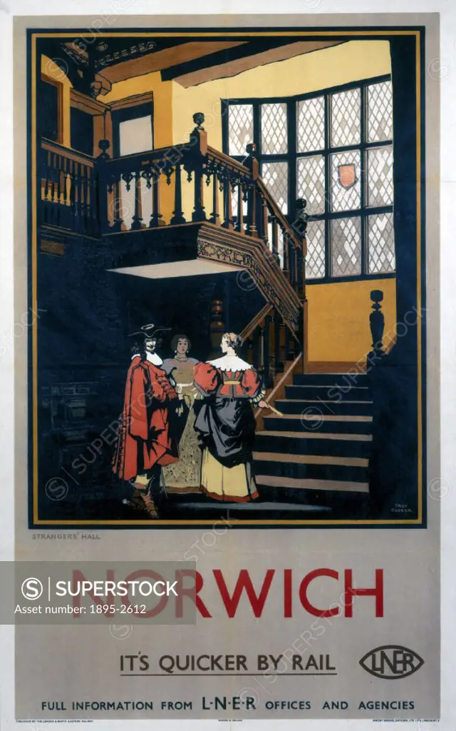 Poster produced for the London & North Eastern Railway (LNER), promoting rail travel to Norwich in Norfolk: It´s Quicker by Rail´ ,showing two women ...