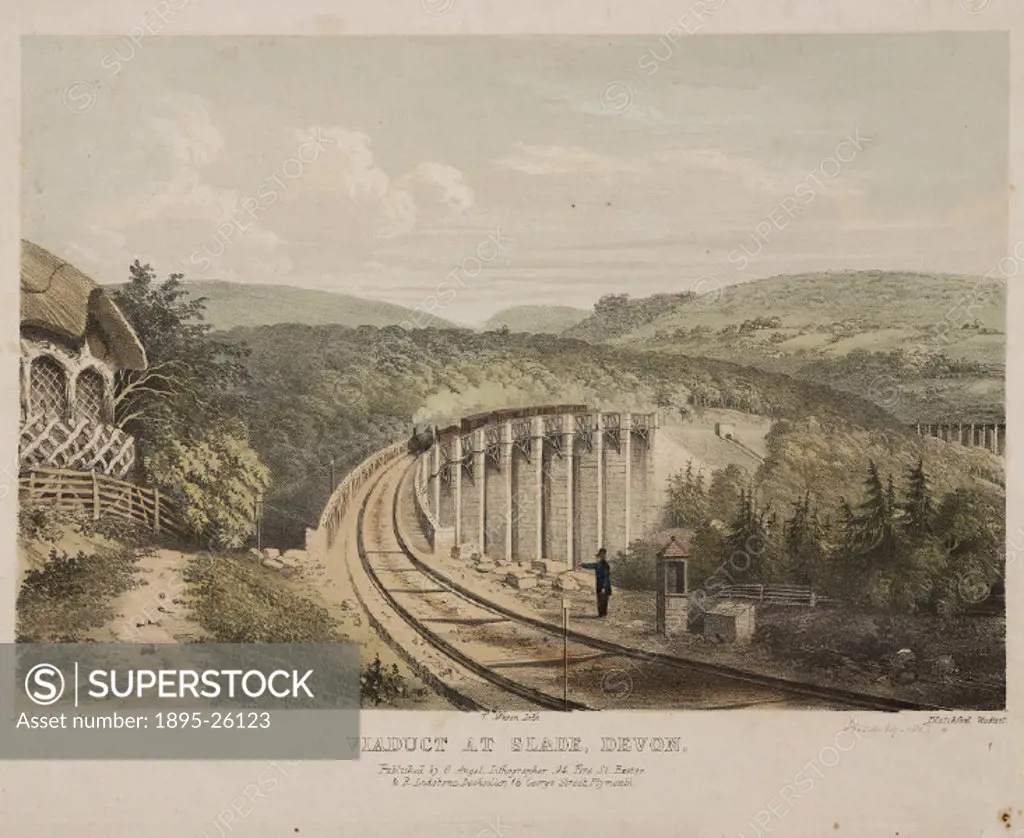 Hand-coloured lithograph of a steam locomotive on the Blatchford Viaduct, South Devon Railway. The 101-foot high trestle viaduct with stone piers was ...