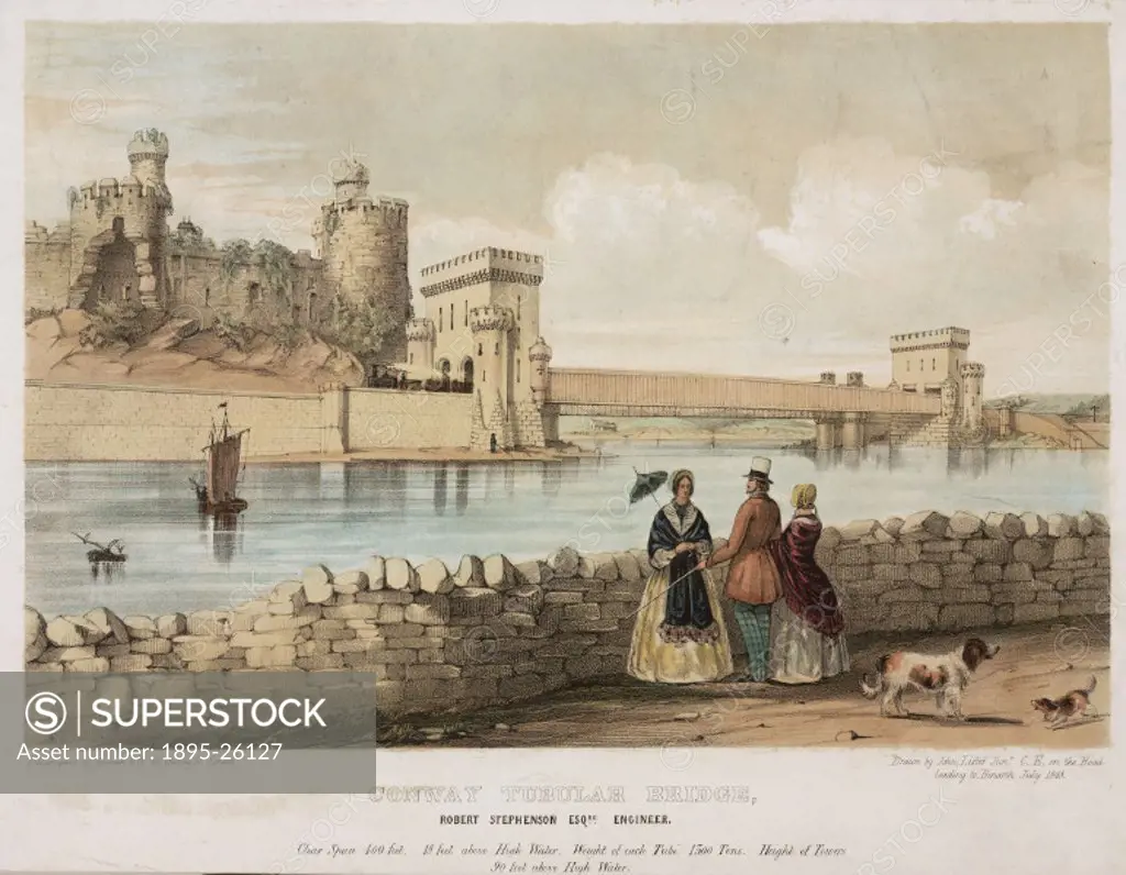 Coloured lithograph by Newman & Co after a drawing by John lister Junior. The Conwy Tubular Bridge (formerly known as Conway), which was built in 1849...