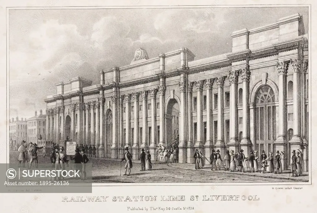 Coloured lithograph by W Crane after a drawing by R Barrows. Lime Street Station was a terminus of the Liverpool & Manchester Railway. (LMR). The LMR ...
