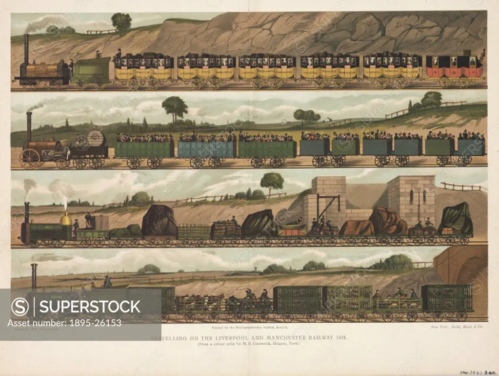 Colour print after a drawing by Isaac Shaw, showing four trains pulling passengers in closed and open carriages, freight, pigs and cattle. The line be...