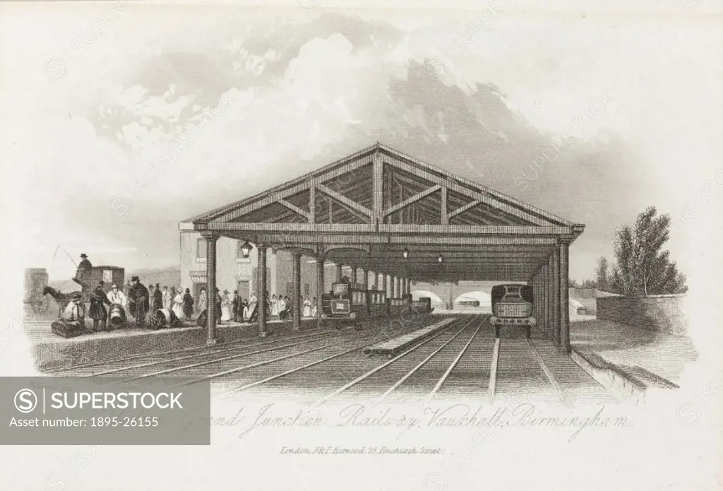 Steel engraving by H Harris of the Birmingham terminus of  the Grand Junction Railway. Printed by J and F Harwood (26 Fenchurch Street, London).