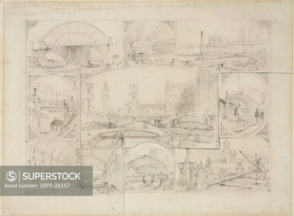 Pencil sketch. The central image shows construction work in front of the Houses of Parliament while the surrounding vignettes illustrate other parts o...